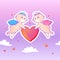 Cute Cupids holding heart in the clouds.