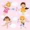 Cute Cupids in kawaii style. Love angels with arrows, archery and hearts. St Valentine`s day theme