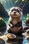 A cute curious otter finds a clam shell, in a river with amazing treasure inside it, cartoon, digital anime art