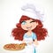 Cute curly hair girl chef offers a taste of pizza