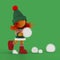 Cute curly red haired poppet girl playing snowballs on a green field