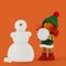 Cute curly red-haired rag doll girl sculpts snowman, orange