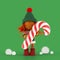 Cute curly red-haired rag doll gives big Christmas red and white candy cane, green