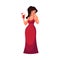 Cute curvy, overweight girl in red evening dress drinking cocktail