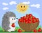 A cute cute little hedgehog in the clearing next to a huge basket of ripe juicy strawberries. Spring Summer