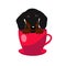 Cute Dachshund dog in red teacup, illustration, set for baby fashion