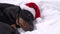 Cute dachshund puppy in red christmas santa hat tenderly sleeping in bed waiting for a gift