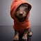 A cute Dachshund puppy wearing orange clothes