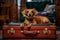 Cute dachshund on suitcase, travel with pet, pet friendly places, accommodation with dog in hotel, AI Generated