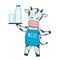 Cute dairy cow cartoon character in kawaii style holding milk bottle and glass of milk.