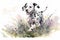Cute dalmatian dog puppy running in a flower field