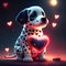 Cute Dalmatian hugging heart Cute Dalmatian dog sitting with red heart on dark background. AI generated