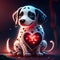 Cute Dalmatian hugging heart Dalmatian dog with red heart on a dark background. generative AI