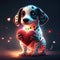Cute Dalmatian hugging heart Digital illustration of a Dalmatian puppy holding a red heart. generative AI