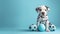 Cute Dalmatian puppy with blue Easter eggs on blue background, copy space