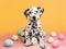 Cute dalmatian puppy and colorful painted easter eggs. Concept of happy easter day