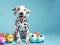 Cute dalmatian puppy and colorful painted easter eggs. Concept of happy easter day