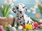 Cute dalmatian puppy and colorful painted easter eggs. Concept of happy easter day