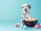 Cute dalmatian puppy and colorful painted easter eggs. Concept of happy easter day