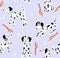 Cute Dalmatian seamless pattern. Background with a playful puppy.