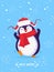 Cute dancing penguin in winter hat with ear flaps. Blue blackground with snowflakes and stars. Hello winter