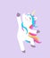 Cute dancing unicorn vector isolated on purple background. Cool patch illustration