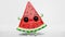 Cute dancing watermelon slice creative 3D character animation loop motion graphics 4K white background. Summer vacation