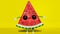 Cute dancing watermelon slice creative 3D character animation loop motion graphics 4K yellow background. Summer vacation