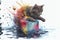 Cute dark furry cat playing with colourful rubiks cube on the ocean