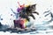 Cute dark furry cat playing with colourful rubiks cube on the ocean