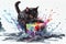 Cute dark furry cat playing with colourful rubiks cube on the ocean