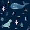 Cute deep blue illustration of sea creatures for children.