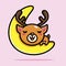 Cute deer animal cartoon character sleeping soundly on a crescent moon