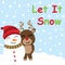 Cute deer and snowman cartoon on snow fall background, Xmas postcard, greeting card and wallpaper
