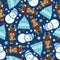 Cute deer, snowman and tree on dark blue background cartoon, Xmas Seamless pattern, postcard, and wallpaper