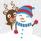 Cute deer and snowman vector cartoon on snow background, Xmas postcard, greeting card and wallpaper