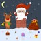 A cute deer is standing on the roof of the house holding a bell. The head and hands of Santa Claus stick out of the pipe at home.