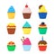 Cute delicious colorful muffins set