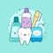 Cute dental care illustration. Tooth, toothbrush, toothpaste, mouth rinse, floss.