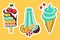 Cute deserts doodle stickers. Eskimo pie toppings cherry, ice cream balls mix sliced citrus bowl, soft ice cream waffle cone