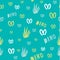 Cute design for fabric, Wallpaper, wrapping paper. Seamless pattern with floral patterns and elements, grass, text on azure blue b