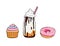 Cute dessert set: donut, milk shake and cupcake with sprinkles and pink topping. Vector isolated graphic illustration