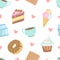 Cute Desserts Seamless Pattern, Cake, Cupcake, Donut, Cookie, Ice Cream, Cup of Coffee Design Element Can Be Used for