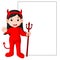 Cute devil cartoon with blank sign