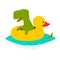 Cute dinasaur swiming with yellow inflatable duck vector illustration