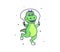 The cute dino girl does exercises. Cartoonish sport dinosaur jumping