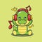 Cute dino listening music with headphone cartoon vector illustration.