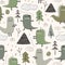 Cute dino seamless pattern with jungle theme. Childish dinosaur with hand drawn tree, mountain, and clouds in scandinavian style