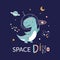 Cute dino in space funny t-shirt print. Dinosaur astronaut in helmet, spaceman wild animal character and planets. Kid