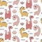 Cute Dino vector seamless pattern with Dinosaur Girls, plants, leaves, bushes, stones in trendy boho colors